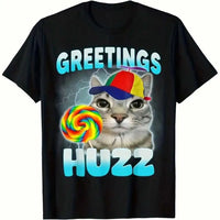 Funny Cat Meme T-Shirt Soft Breathable Cotton Greetings Huzz Funny Cat Meme T Shirt Crew Neck Tee For Men Women