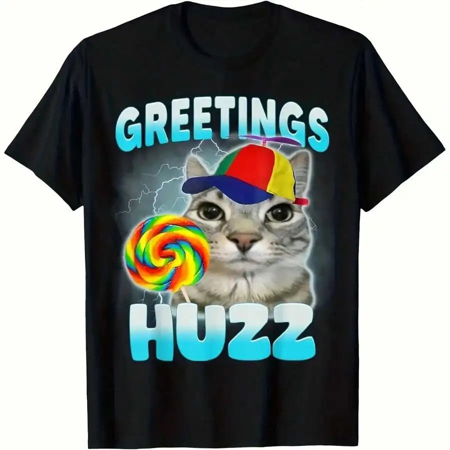 Funny Cat Meme T-Shirt Soft Breathable Cotton Greetings Huzz Funny Cat Meme T Shirt Crew Neck Tee For Men Women